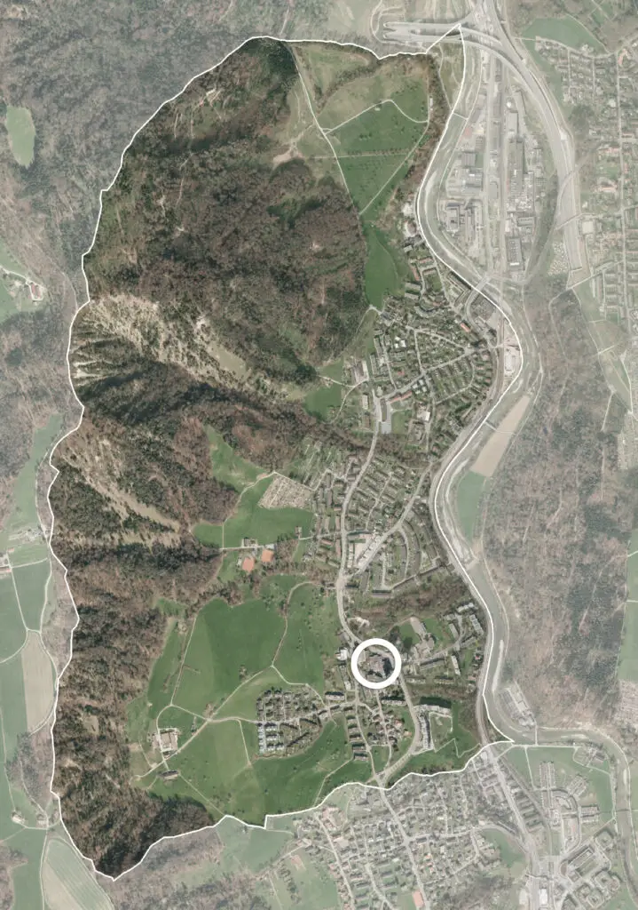 Luftbild von Mittelleimbach mit markierter Lage des Projektareals zwischen Uetliberg und Entlisberg