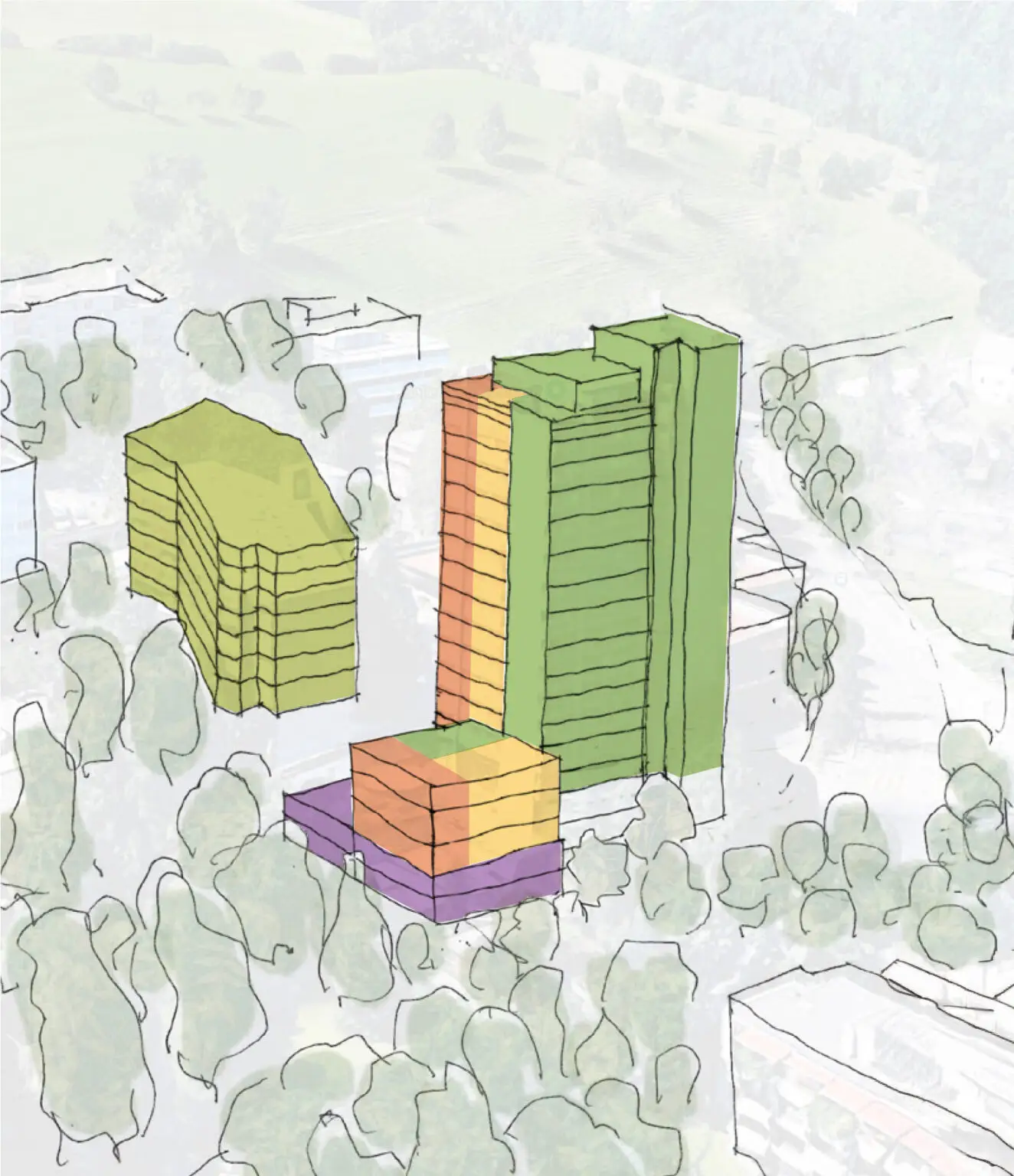 Illustration des Areals Leimbach Mitte mit farblich markierten Gebäuden und Nutzungen