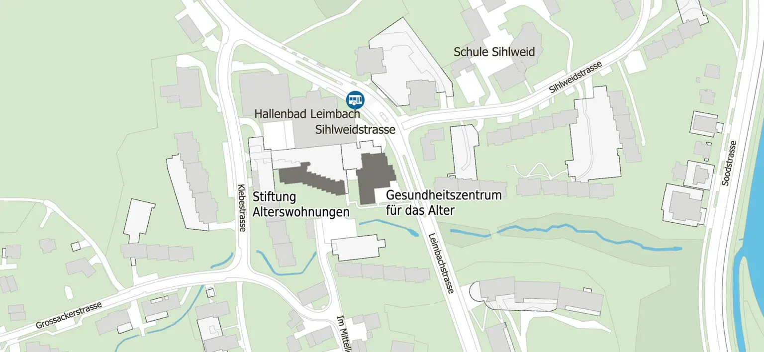 Übersichtskarte des Areals Leimbach Mitte mit Stiftung Alterswohnungen und Gesundheitszentrum für das Alter