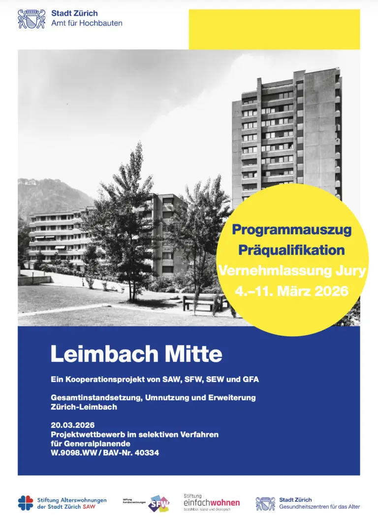 Ausschreibungsplakat zum Architekturwettbewerb für das Projekt Leimbach Mitte